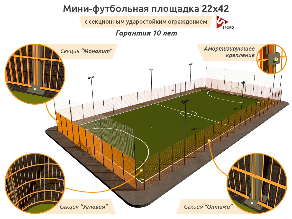 Заказать строительство площадки для мини футбола с секционным ограждением СПОРО под ключ. Арт 0001