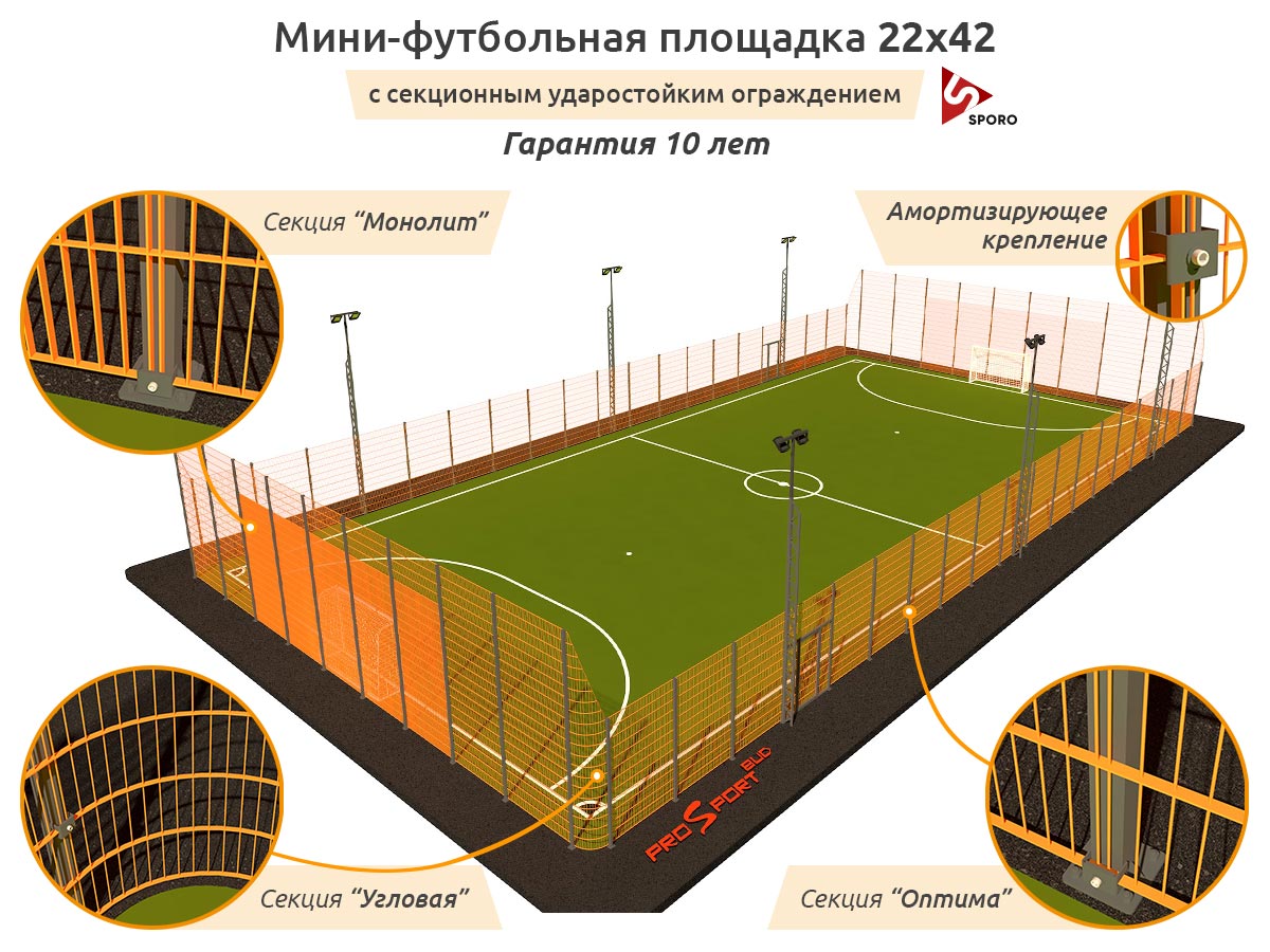 Заказать строительство спортивной площадки для мини футбола с секционным ударостойким ограждением СПОРО под ключ. Арт 0011